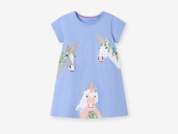 Summer Arrival Unicorn Cartoon Pattern Short Sleeves Dress for Stylish Girls