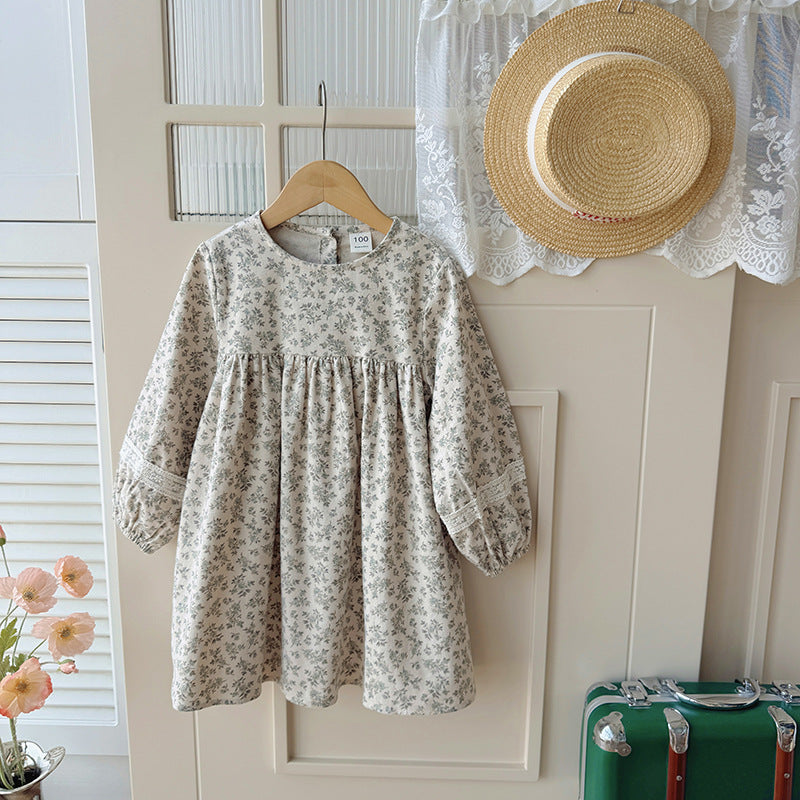 Arrival Autumn Girls Cute Flowers and Lace Embroidery Pattern Long Sleeves Crew Neck Dress - Image 2