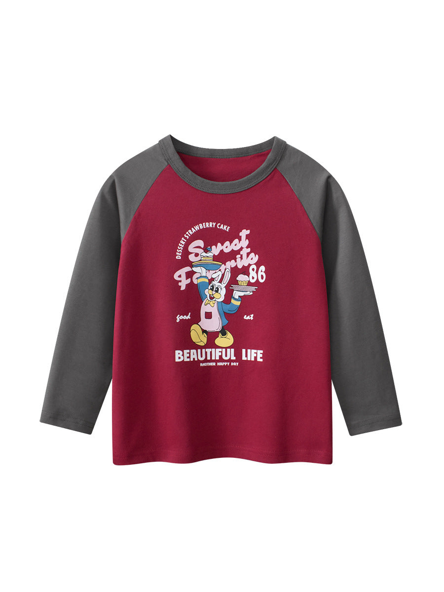 Autumn Arrival Kids Girls Cartoon Print Crew Neck Long Sleeves Color Patchwork Shirt - Image 8
