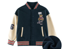 Boys and Girls Teddy Bear and Letters Printed Contrast Design Color Patchwork Single Breasted Striped Baseball Coat