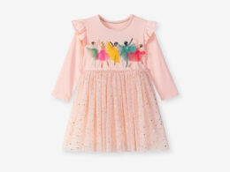 Autumn and Spring Arrival Princess Cartoon Pattern Long Sleeves Tulle Patchwork Dress for Stylish Girls