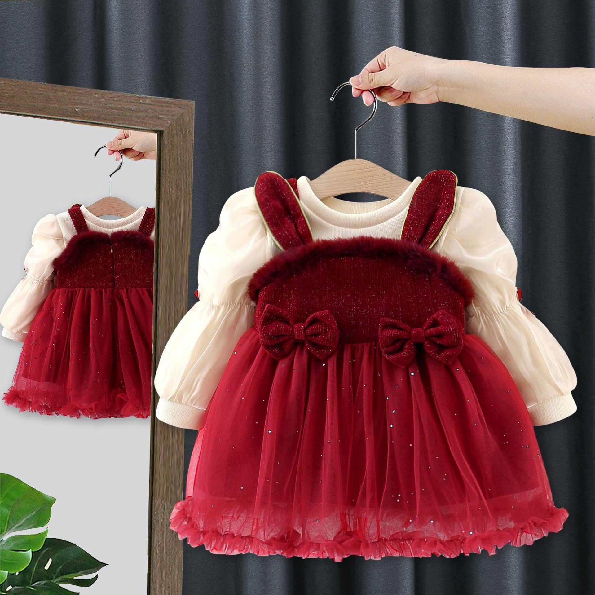 Autumn and Winter Arrival Baby Girls Long Sleeves Crew Neck Top and Rabbit Design Dress - Image 5