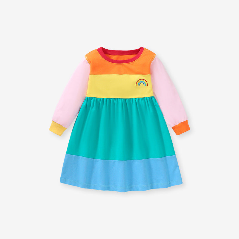 Arrival Autumn Girls Long Sleeves Rainbow Color Patchwork Crew Neck Dress - Image 2