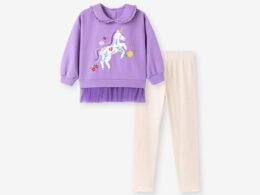 Spring and Autumn Girls Unicorn Cartoon Pattern Long Sleeves Sweatshirt and Beige Pants Clothing Set