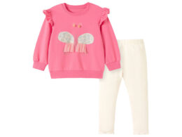 Spring and Autumn Girls Butterfly Cartoon Pattern Long Sleeves Crew Neck Top Sweatshirt and White Pants Clothing Set