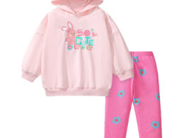 Spring And Autumn Girls Cute Cartoon Rabbit Pattern Long Sleeves Top Hoodies And Floral Pants Clothing Set