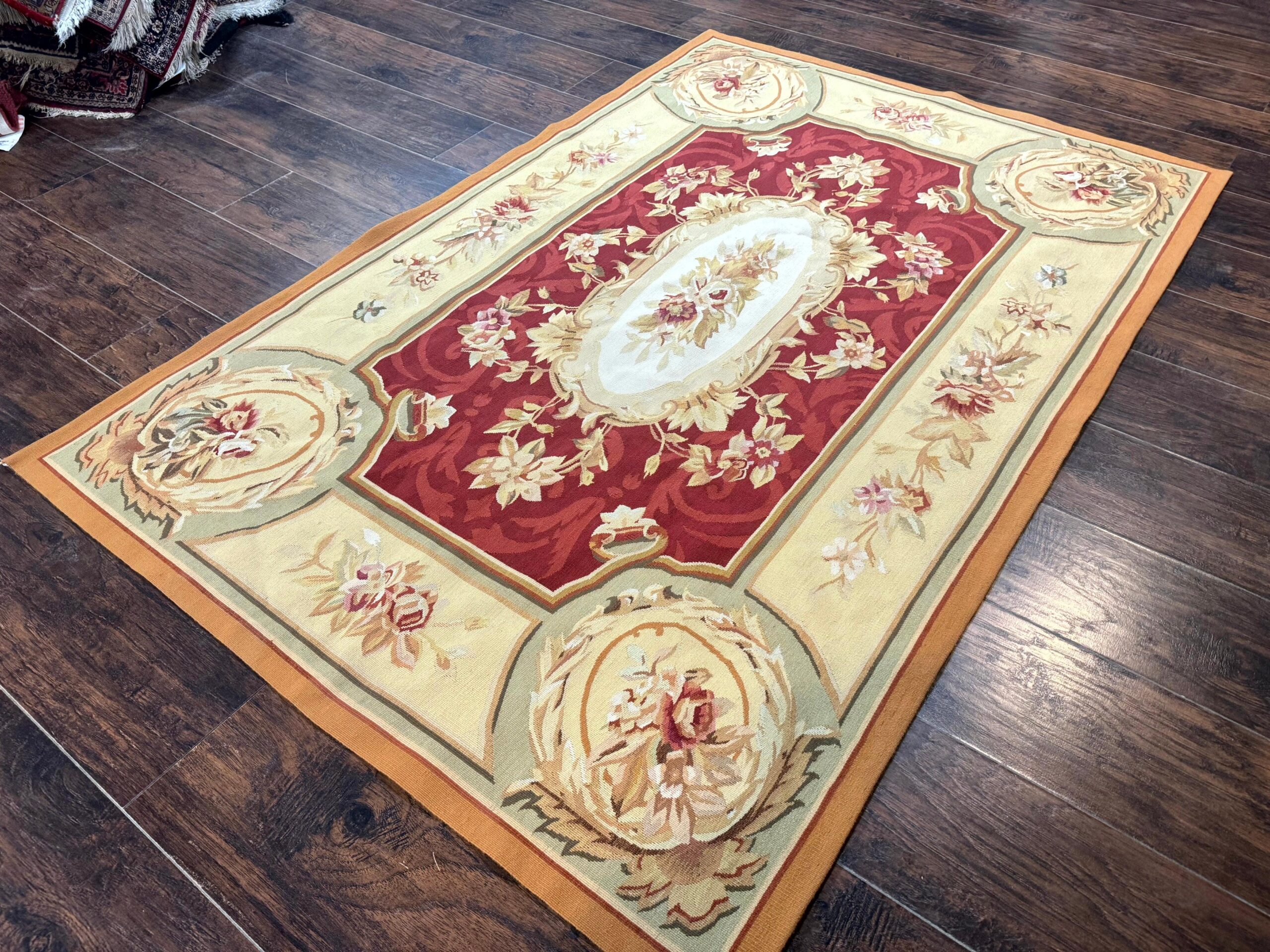 Aubusson Rug 4x6, Red, Floral, European Design, Vintage, Wool - Image 2
