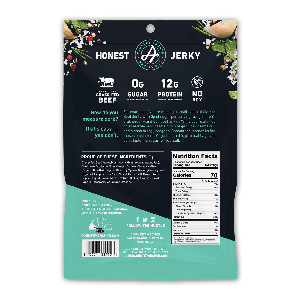 Country Archer Zero Sugar Grass-Fed Classic Beef Jerky 2 oz (Pack of 12) - Image 2