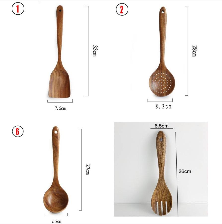 Teak Natural Thai Wood Tableware Spoon Ladle Turner Kitchen Tool Set - Image 10