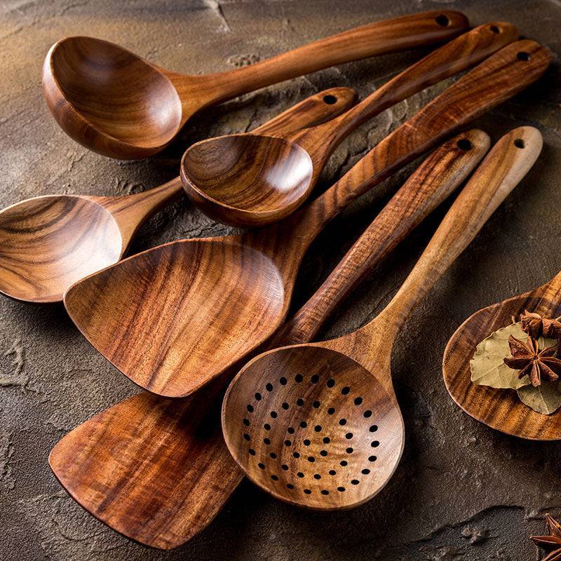 Teak Natural Thai Wood Tableware Spoon Ladle Turner Kitchen Tool Set - Image 4