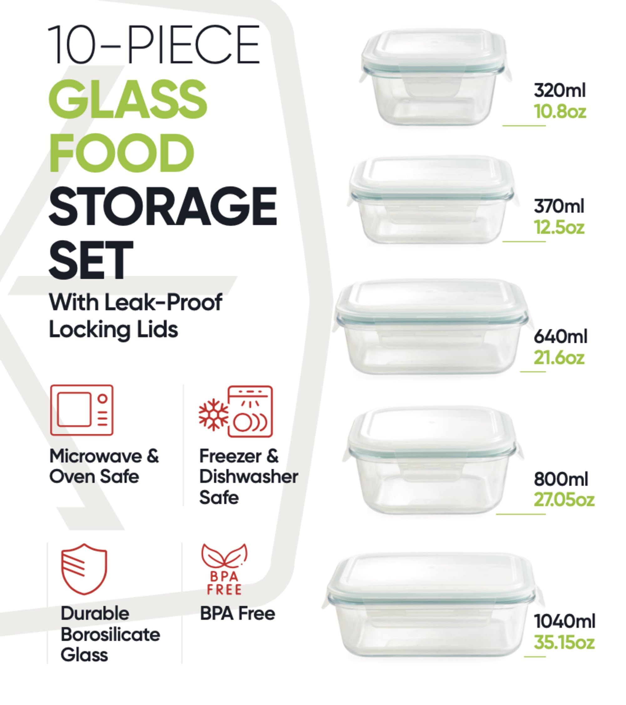 20-Piece Glass Food Storage Containers with Airtight Locking Lids (10 Containers + 10 Lids) - Image 3