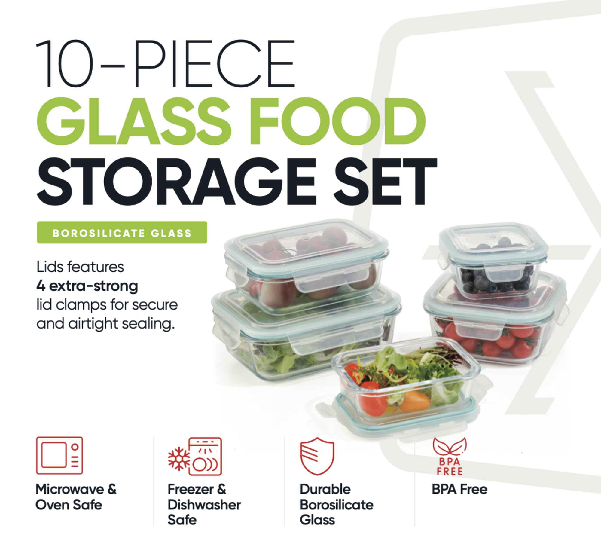 20-Piece Glass Food Storage Containers with Airtight Locking Lids (10 Containers + 10 Lids) - Image 5