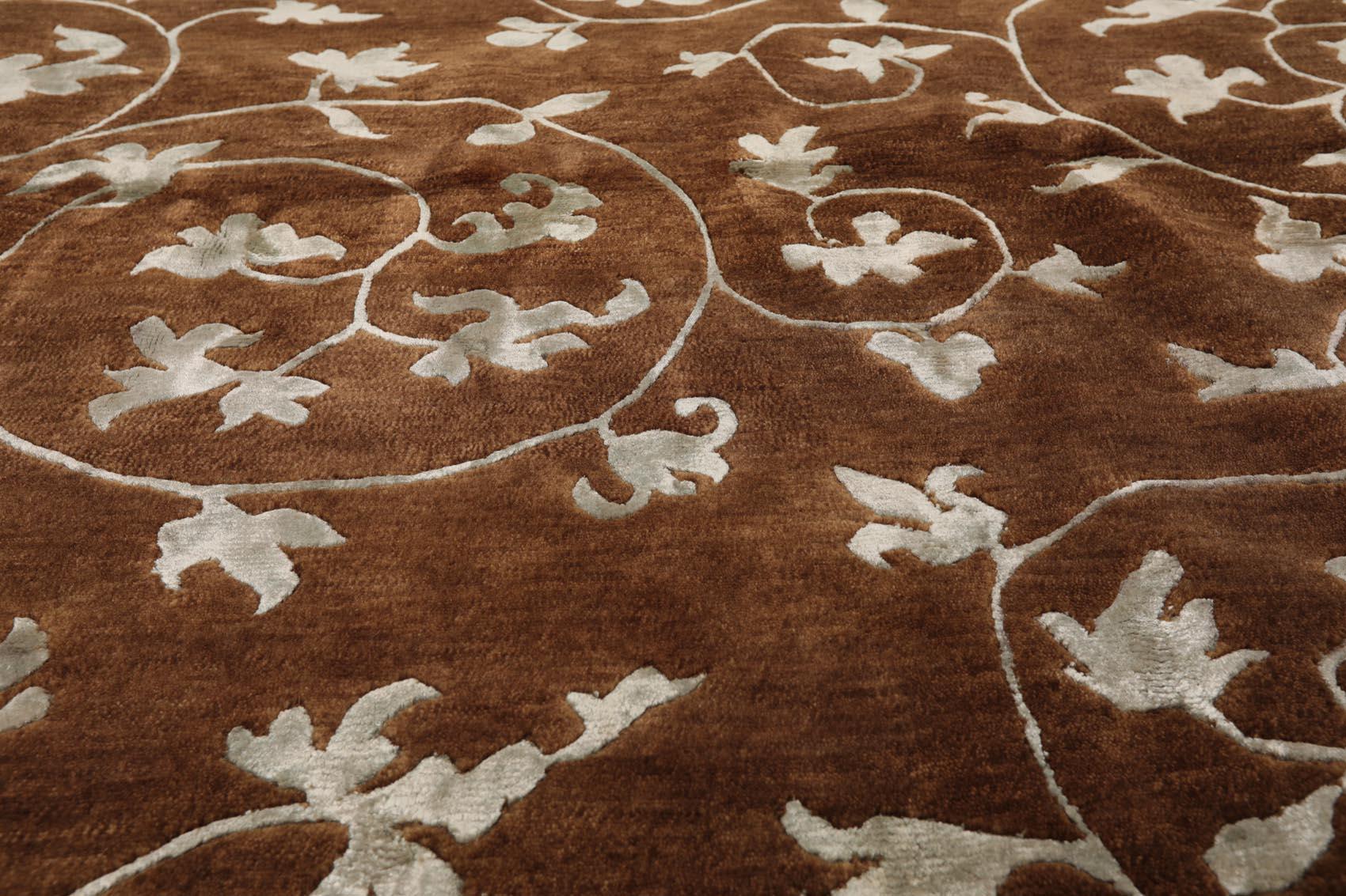 5'8" x 8'5" Hand Knotted Tibetan Wool & Art Silk Floral Oriental Area Rug Brown - Image 4