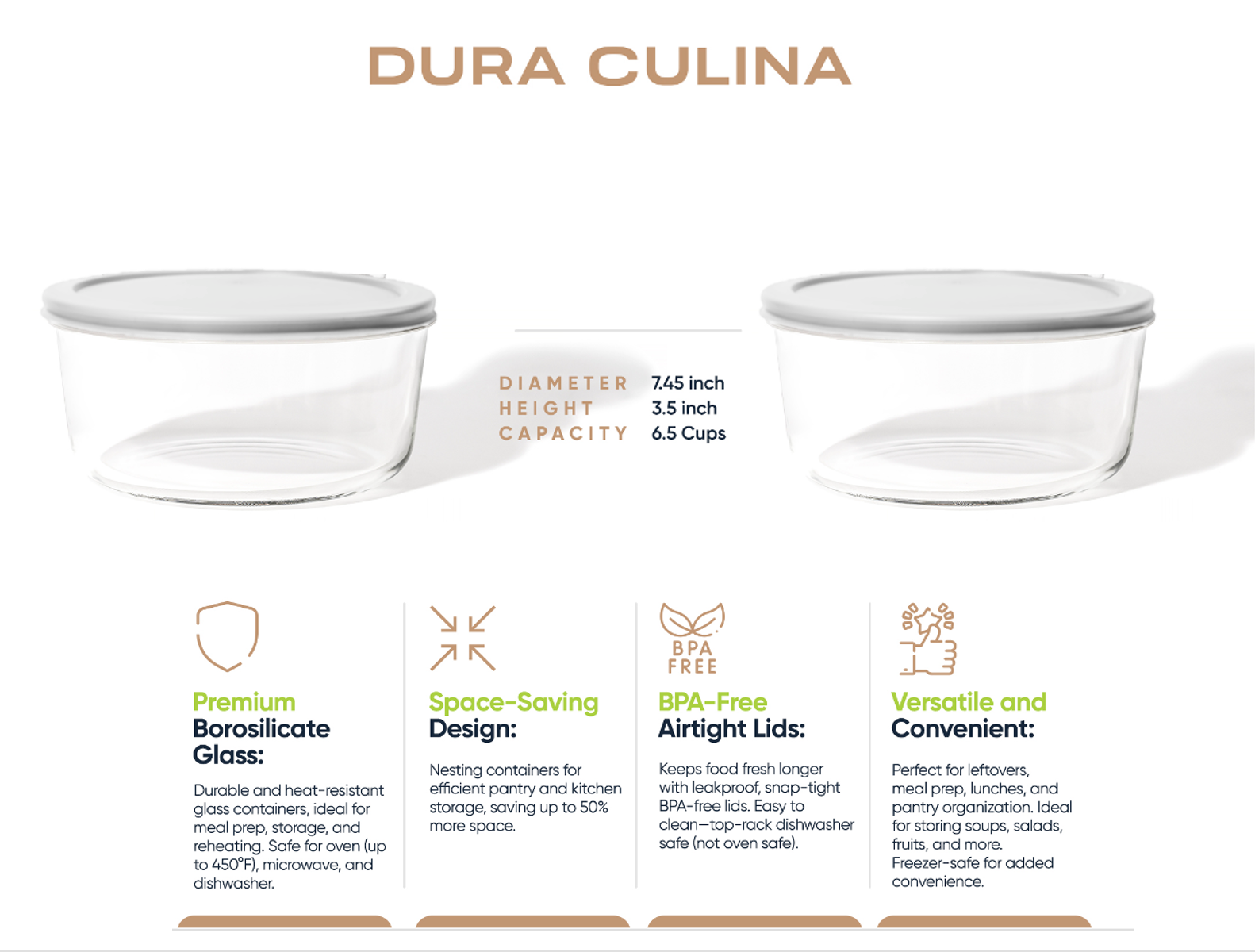 Glass Food Storage Containers - 4 Piece 6.55 Cup (2 Containers + 2 Lids) Set, Grey - Image 2