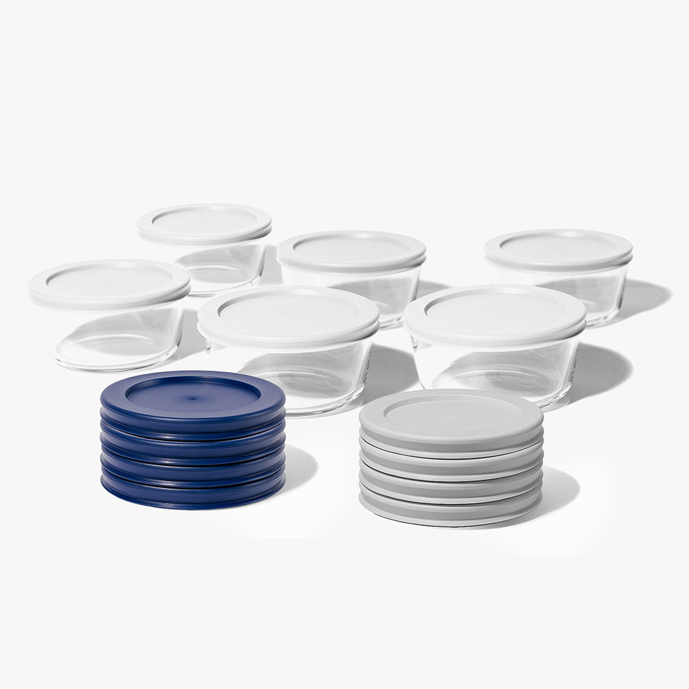 12 Piece (2 Cup / 16oz) Round Glass Food Storage Container Set (6 Containers + 6 Lids) with Bonus Lids