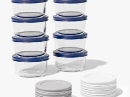 16 Piece (7oz) Round Glass Food Storage Container Set (8 Containers + 8 Lids) with Bonus Lids