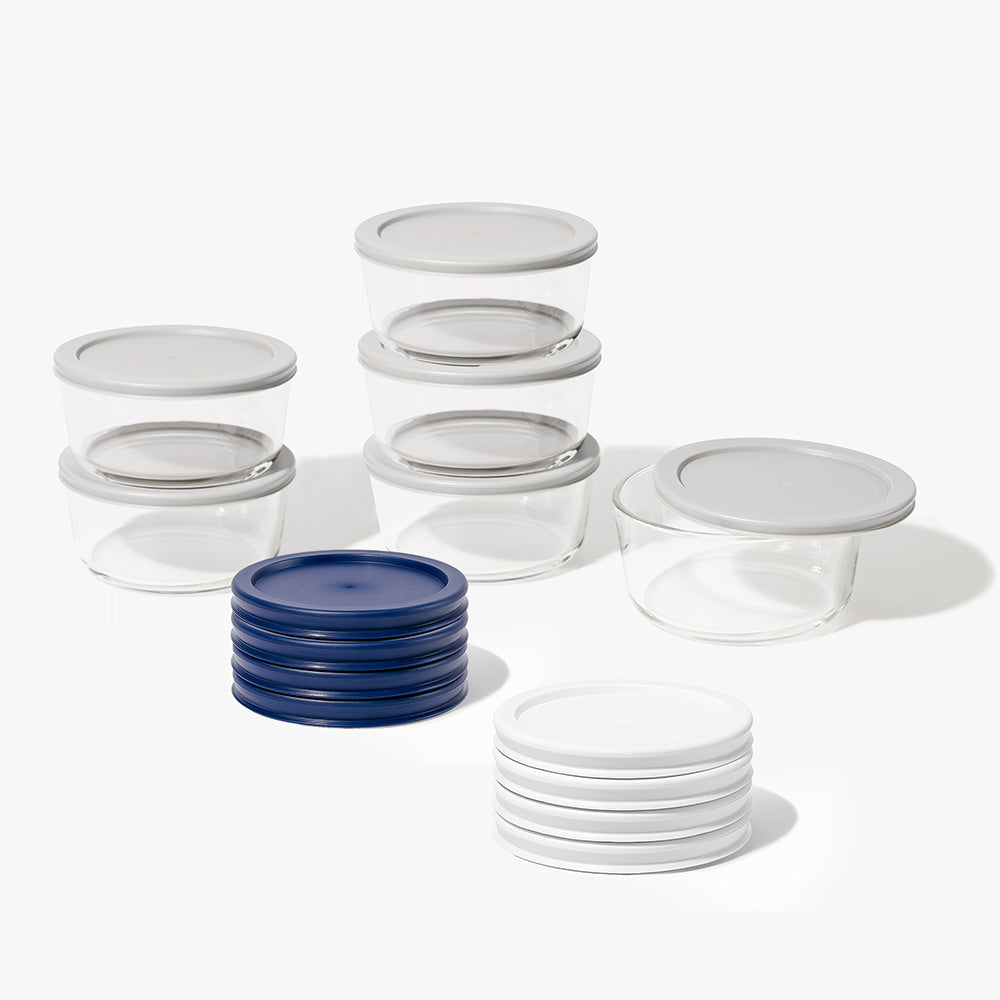12 Piece (2 Cup / 16oz) Round Glass Food Storage Container Set (6 Containers + 6 Lids) with Bonus Lids