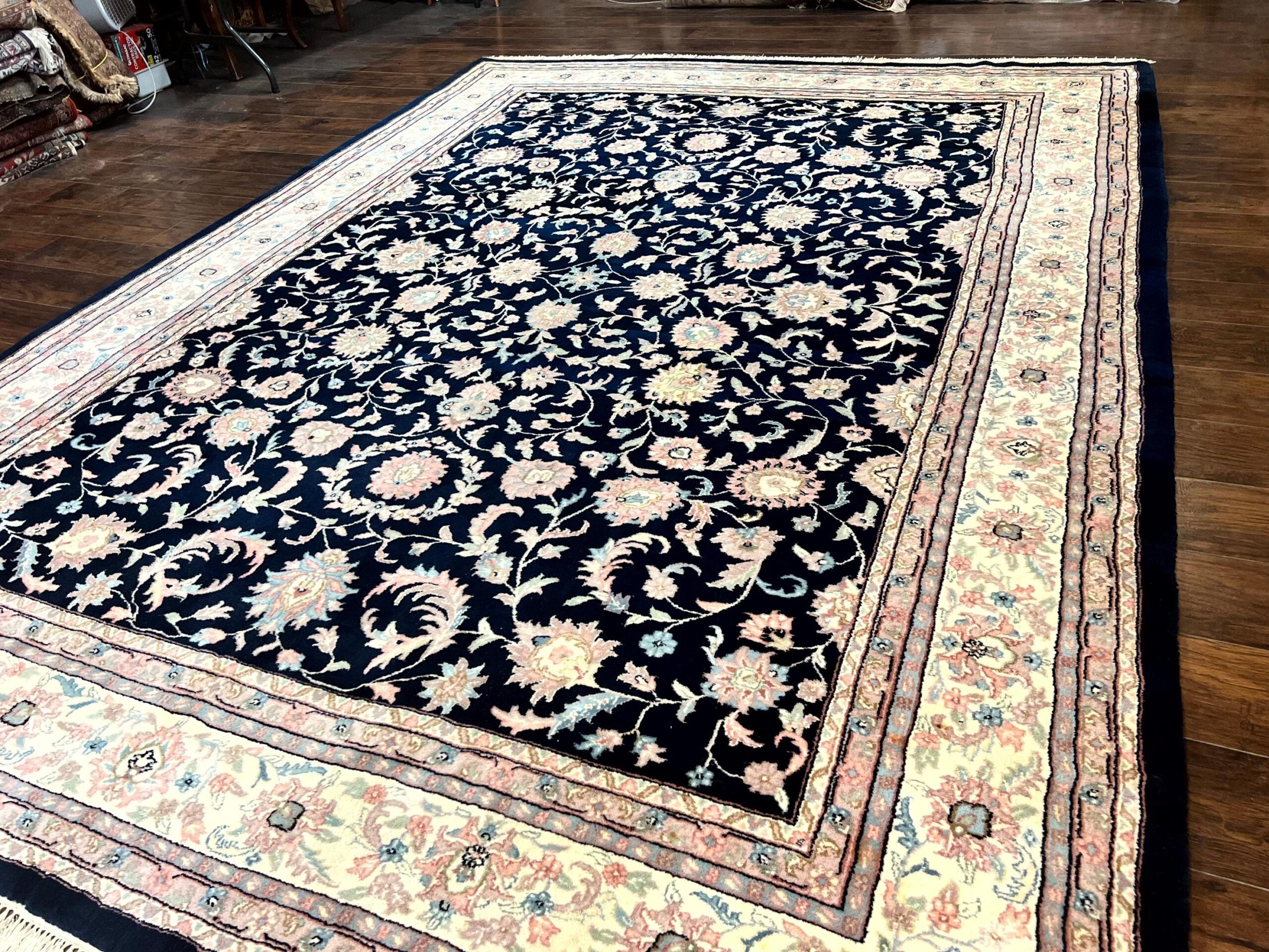 Indo Persian Rug 9x12, Navy Blue and Ivory/Cream, Floral Allover, Wool Vintage Handmade Carpet - Image 2