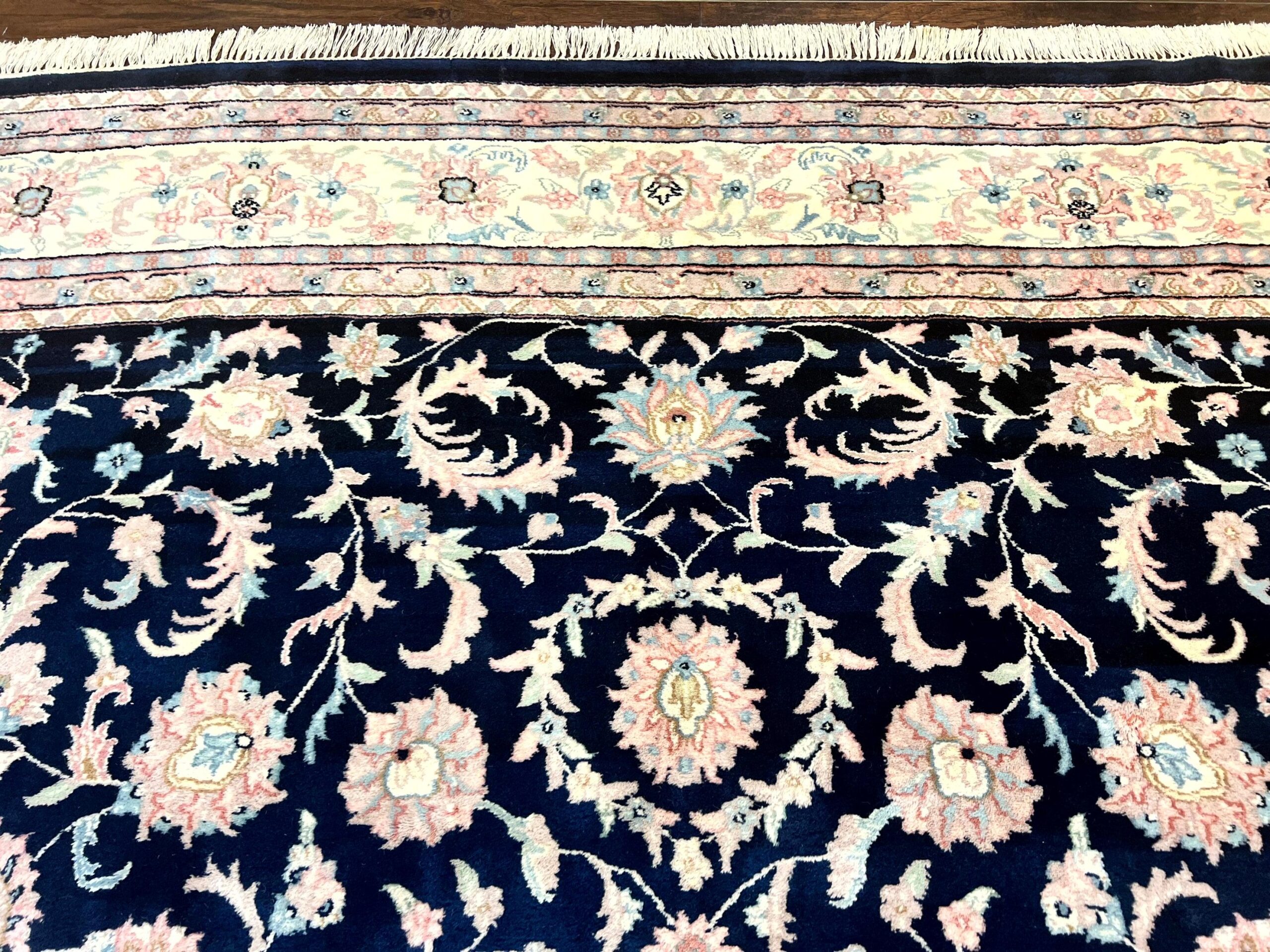 Indo Persian Rug 9x12, Navy Blue and Ivory/Cream, Floral Allover, Wool Vintage Handmade Carpet - Image 3