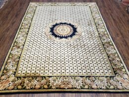 Indian Rug with Tibetan Weave, 6x8 - 6x9 Rugs, Indo-Tibetan Rug, Black and Cream Beige Tan, Floral Border, Soft Rug, Handmade Area Rug, Wool