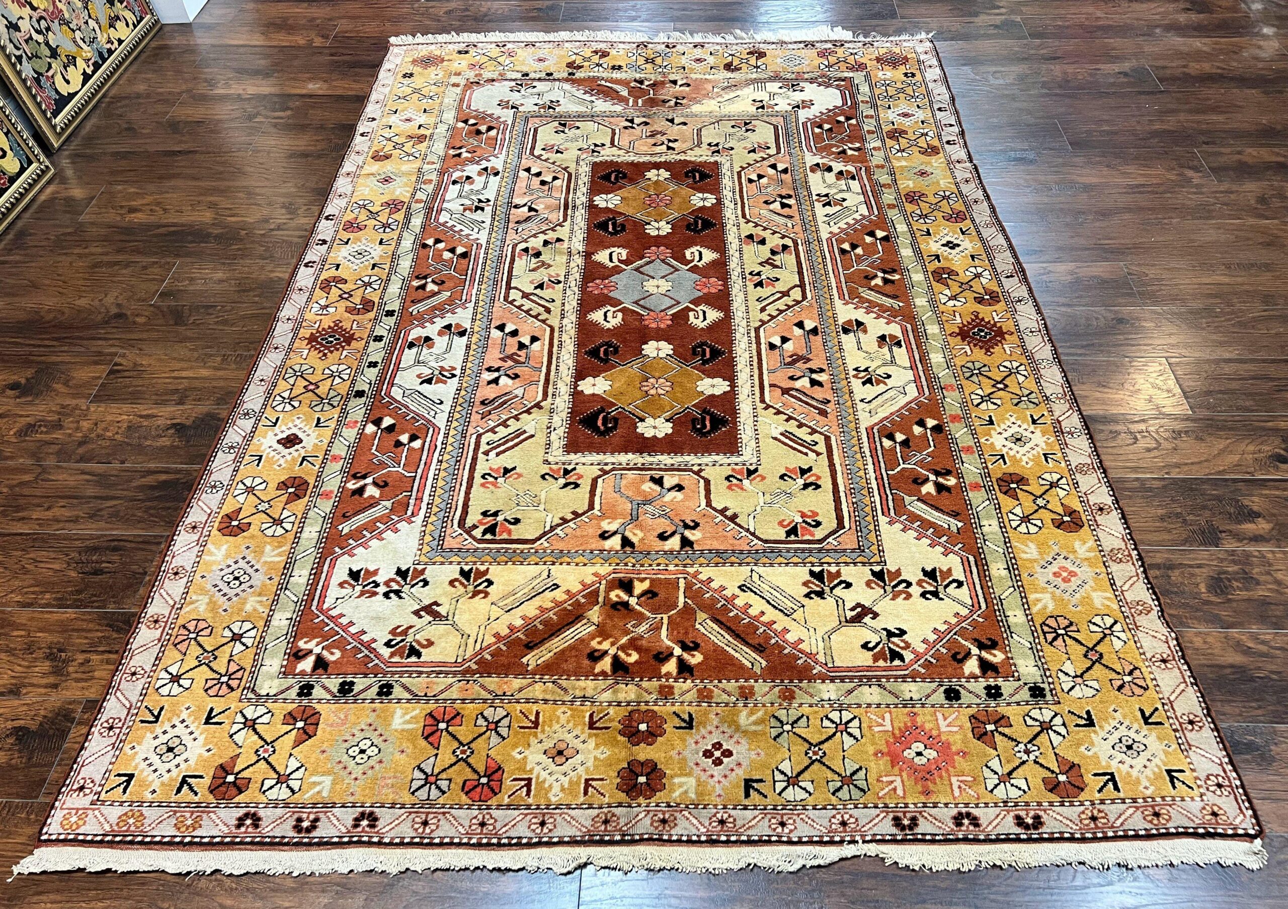 Turkish Rug 7x10, Wool Hand Knotted Vintage Carpet, Geometric Kazak Pattern