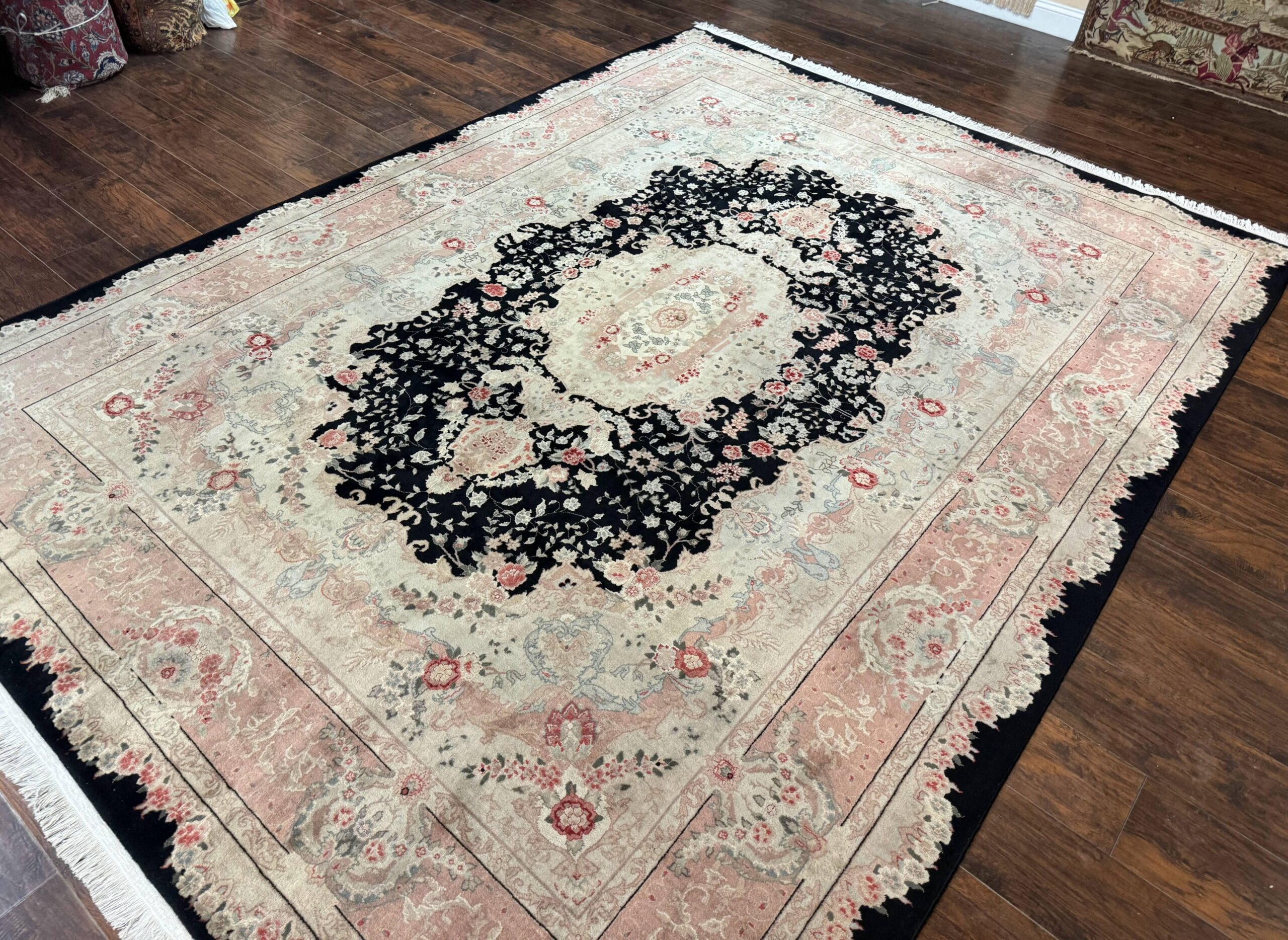 Pak Persian Tabriz Rug 8.6 x 11.6, Black Pink, Traditional Elegant Formal Oriental Carpet, Dining Room Rug, Fine 225 KPSI - Image 2