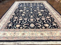 Indo Persian Rug 9x12, Navy Blue and Ivory/Cream, Floral Allover, Wool Vintage Handmade Carpet