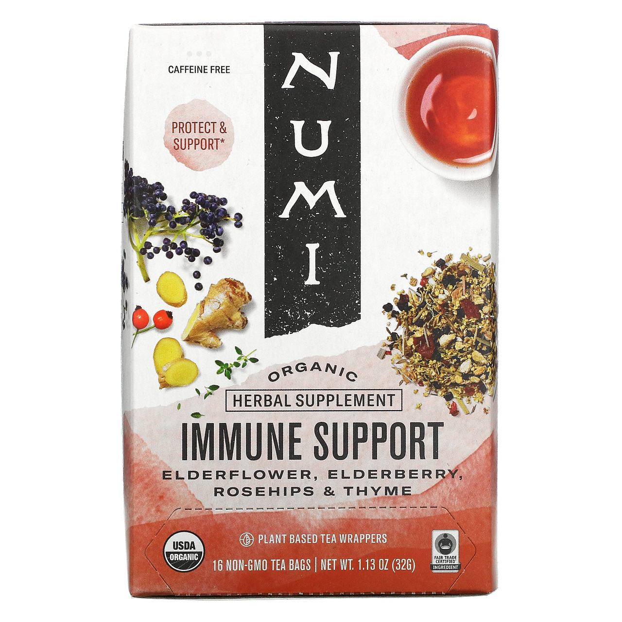 Numi Organic Caffeine Free Immune Support Herbal Tea 16 Tea Bags (Pack of 6 Boxes)