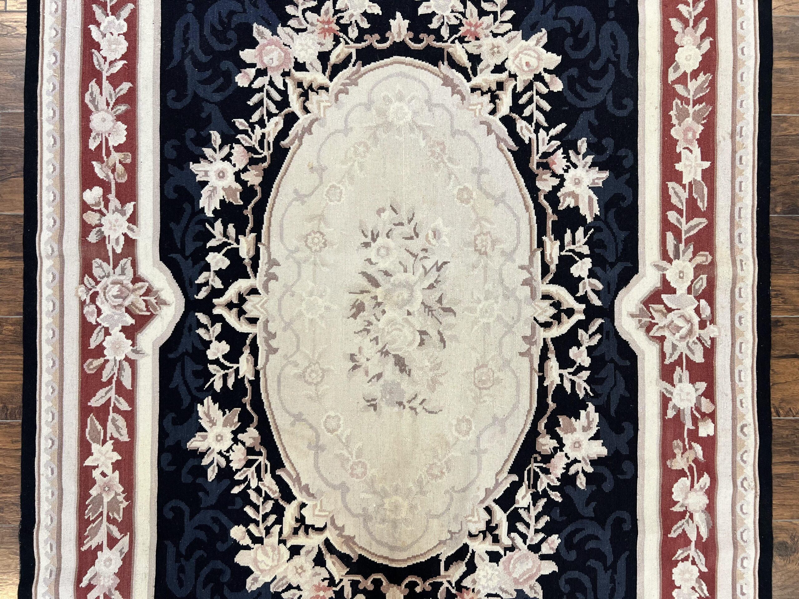 Needlepoint Rug 5x8, Wool Handmade Vintage European Design Carpet, Black & Maroon, French Aubusson Pattern Flatweave Rug - Image 4