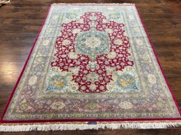 Stunning Persian Tabriz Rug 5x7, Signed by Masterweaver, Maroon, Floral Medallion, Ultra Fine 70 Raj 625 KPSI, Kork Wool Silk Foundation, Handmade