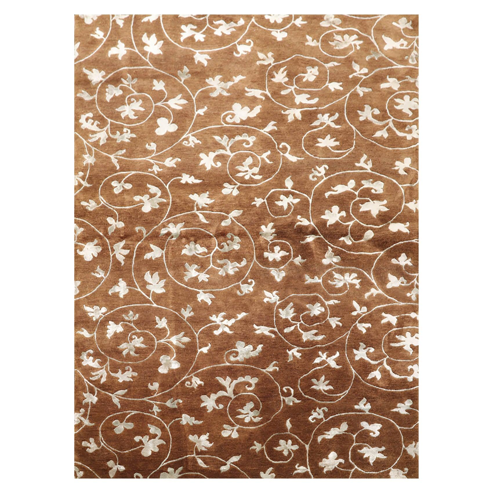 5'8" x 8'5" Hand Knotted Tibetan Wool & Art Silk Floral Oriental Area Rug Brown