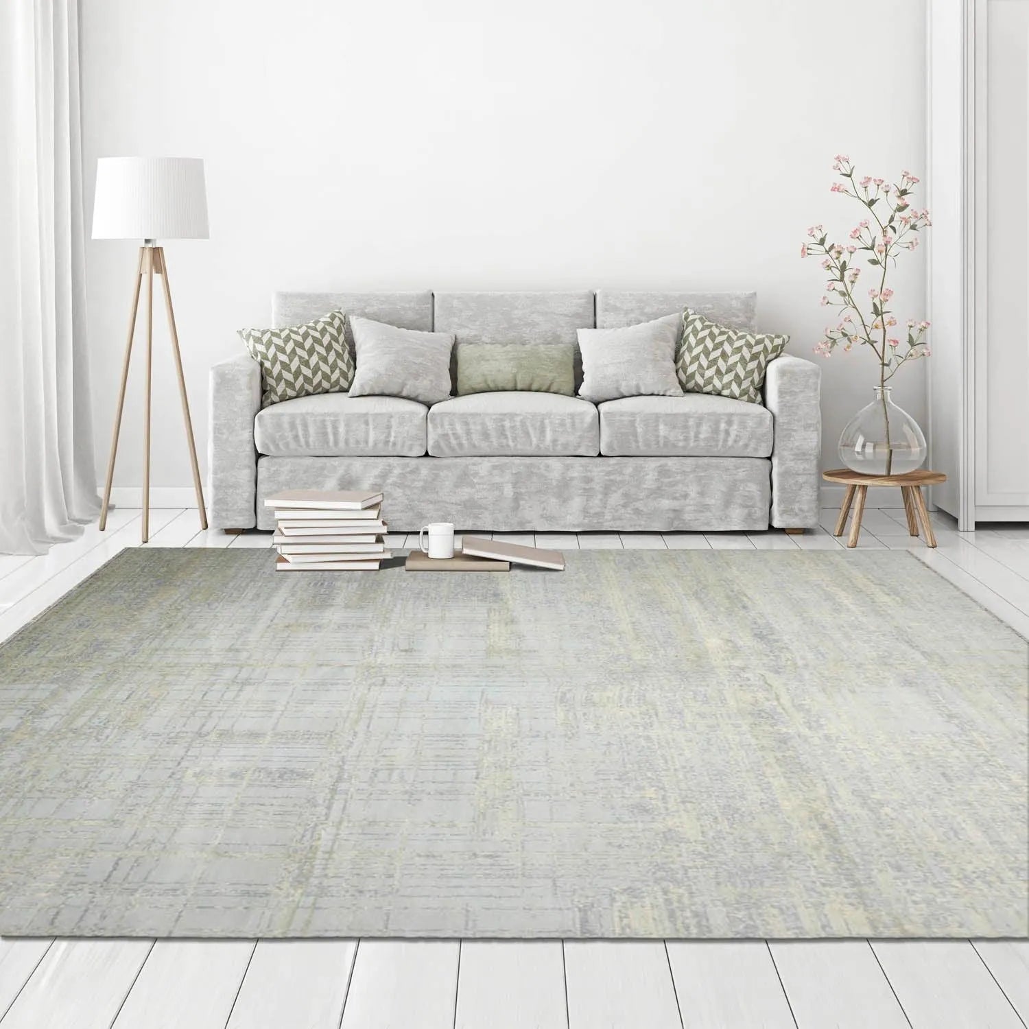 Multi Sizes Tibetan Wool and Silk Oriental Area Rug Light Blue, Green Color