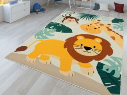 Kids Rug Lilo Jungle Animal Play Mat with Lion Giraffe Monkey in Beige