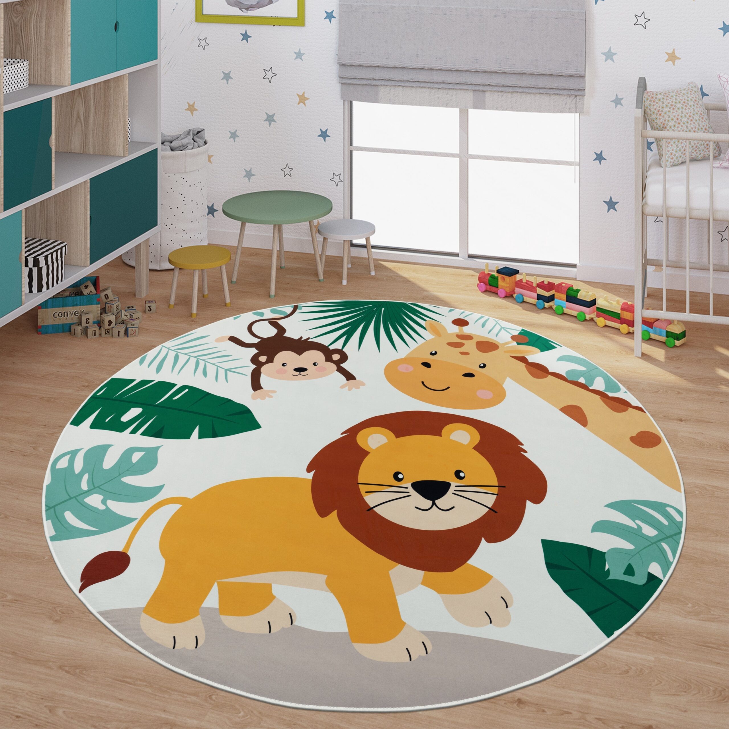 Kids Rug Lilo Jungle Animal Play Mat with Lion Giraffe Monkey in Beige - Image 5