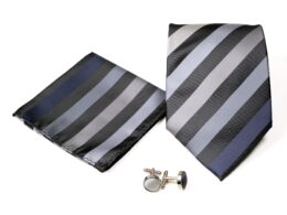 Men's Classic Black-Blue Striped Design 4-pc Necktie Box Set