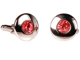 Silvertone Circle Pink Gemstone Cufflinks with Jewelry Box