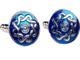 Silvertone Blue Circle Geometric Pattern Cufflinks with Jewelry Box
