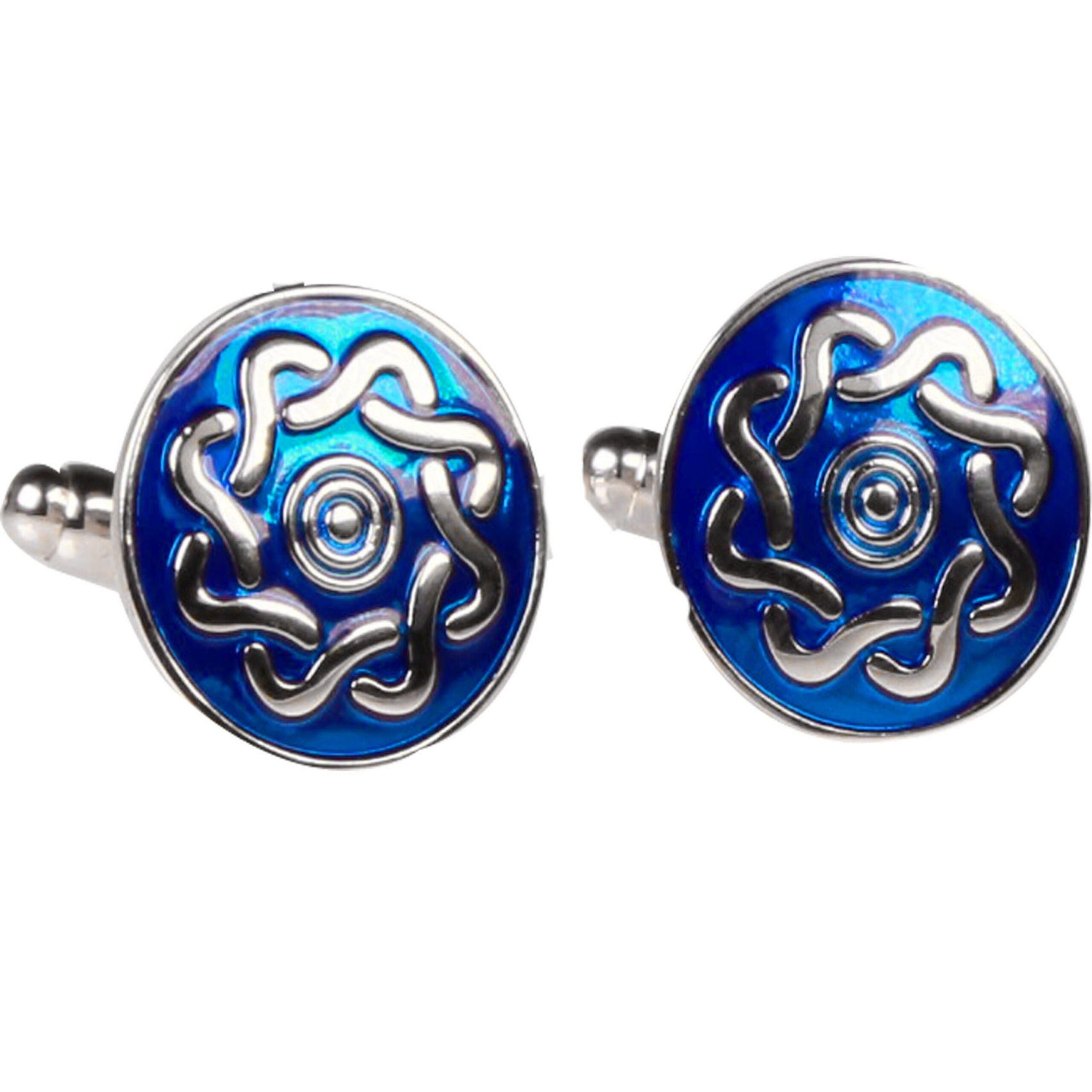 Silvertone Blue Circle Geometric Pattern Cufflinks with Jewelry Box