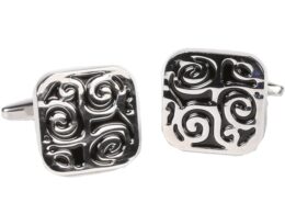 Silvertone Square Black Pattern Cufflinks with Jewelry Box