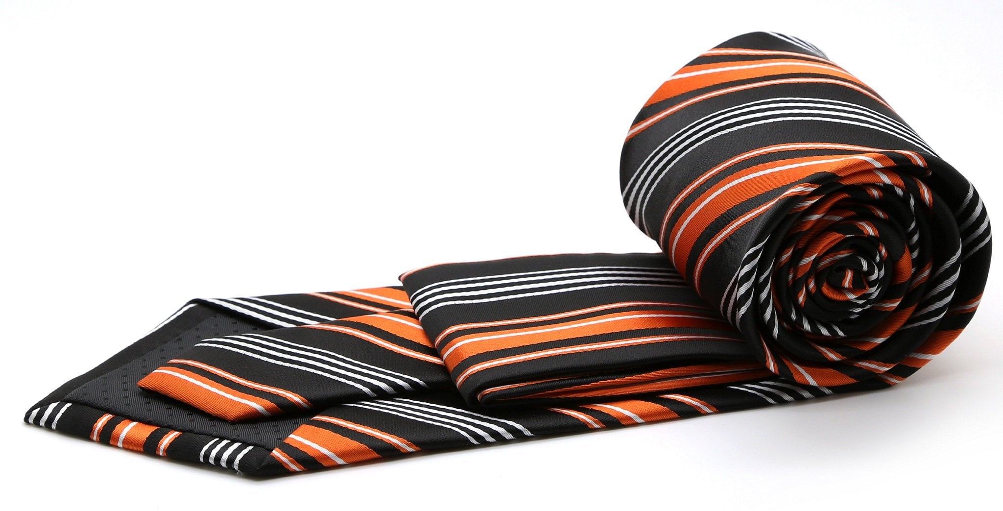 Mens Dads Classic Black Orange Striped Pattern Business Casual Necktie & Hanky Set D-4 - Image 2