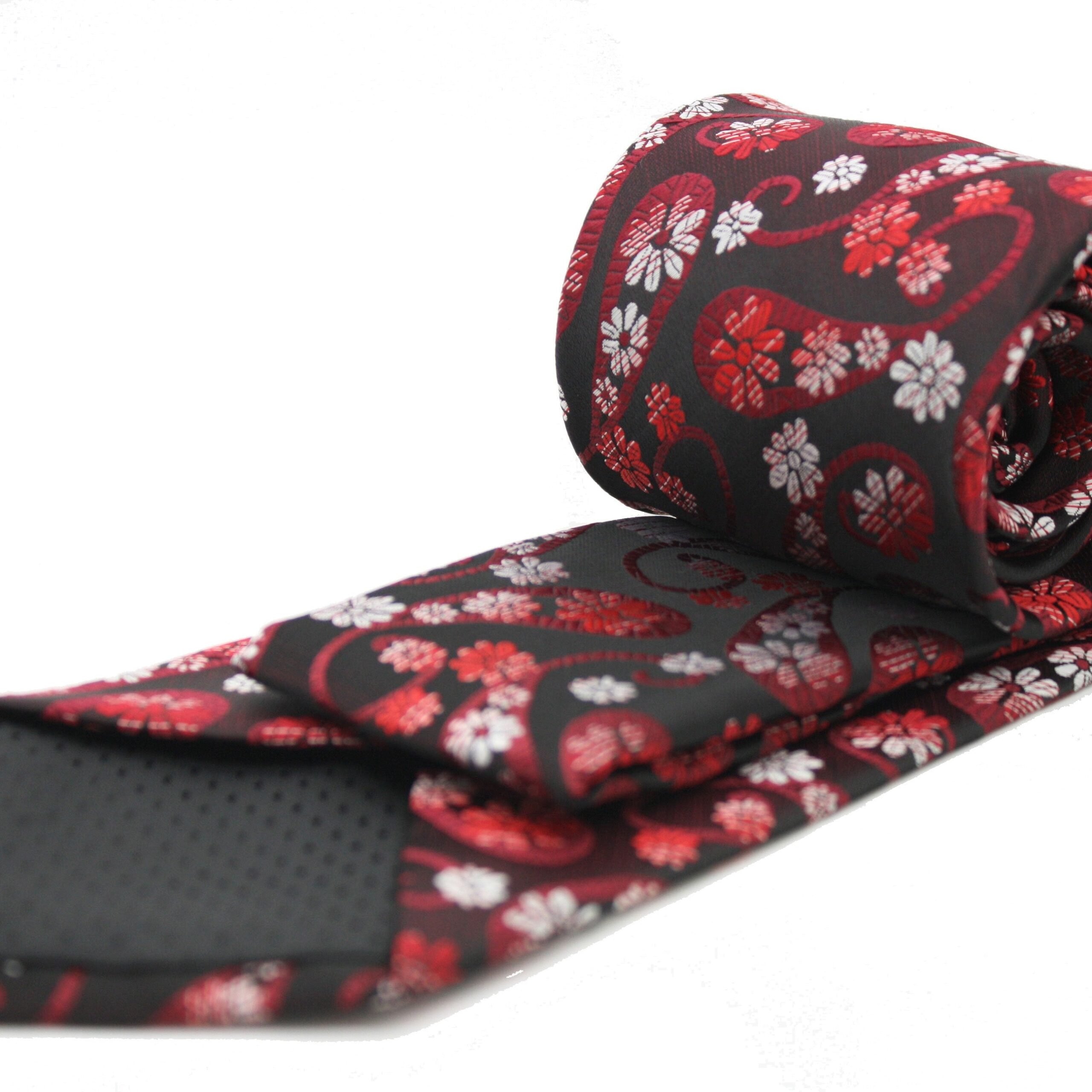 Mens Dads Classic Red Floral Pattern Business Casual Necktie & Hanky Set DF-7 - Image 2