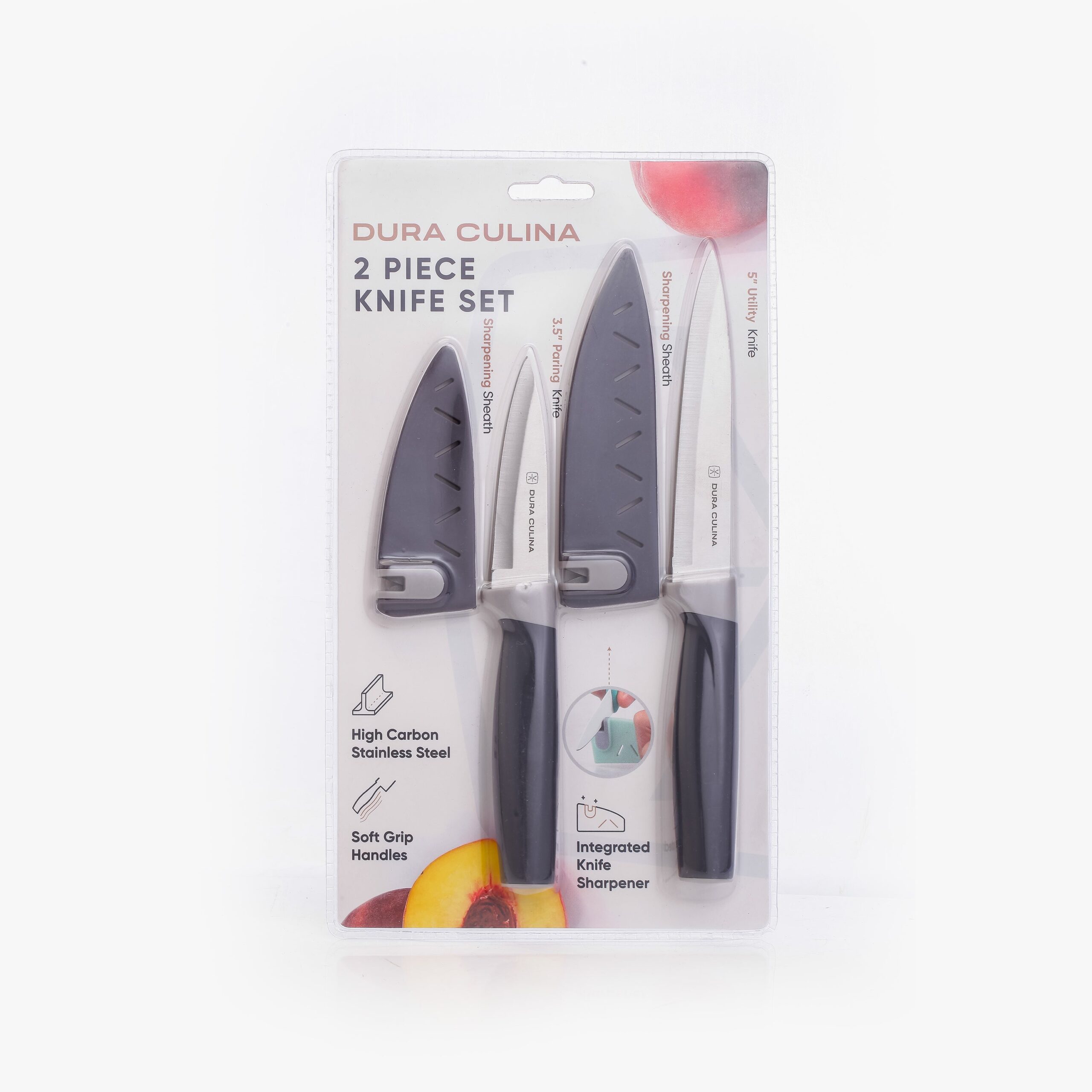 2 Piece Kitchen Knife Set- Paring, and Utility Knife with Matching Blade Guards with Built in Sharpener