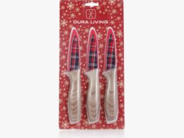 3-Piece Festive Holiday Paring Knife Set with Blade Guards, Gingham