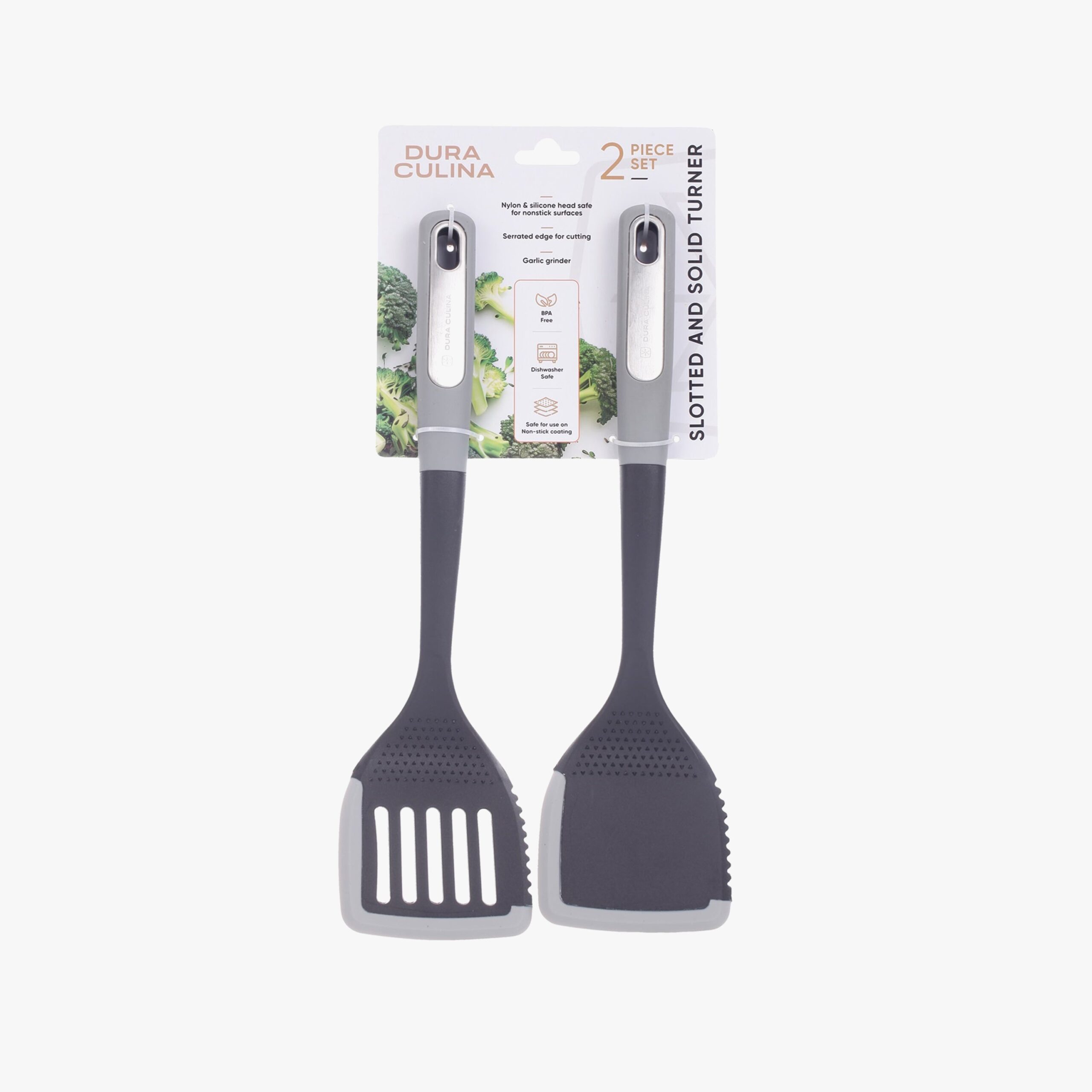 2-Piece Nylon Turner Set - Slotted & Solid Turner with Silicone Edge, Scratch-Proof, Heat Resistant Soft Grip Handles