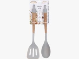 2-Piece Solid Spoon & Slotted Turner Set –Acacia Wood Handles, Non-Stick Safe Nylon Heads, Soft Grip Handles, Heat Resistant