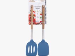 2-Piece Solid & Slotted Turner Set - Acacia Wood & Stainless Steel Handles, Silicone Heads, Non-Stick Safe, Navy