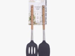 2-Piece Solid & Slotted Turner Set - Acacia Wood & Stainless Steel Handles, Silicone Heads, Non-Stick Safe, Black