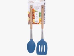 2-Piece Solid Spoon & Slotted Turner Set - Acacia Wood & Stainless Steel Handles, Silicone Heads, Non-Stick Safe, Navy