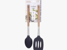 2-Piece Solid Spoon & Slotted Turner Set - Acacia Wood & Stainless Steel Handles, Silicone Heads, Non-Stick Safe, Black