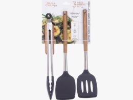3-Piece Kitchen Tool Set - Acacia Wood & Stainless Steel Handles, Silicone Heads, Non-Stick Safe, Black